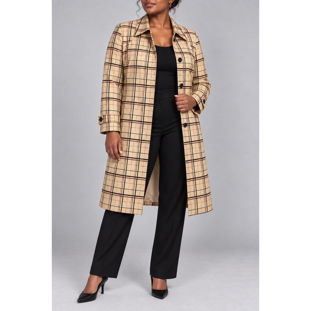 X1 214 Jones Wear Beige Plaid Cotton Raincoat Trench Pockets Button Y2K Preppy
